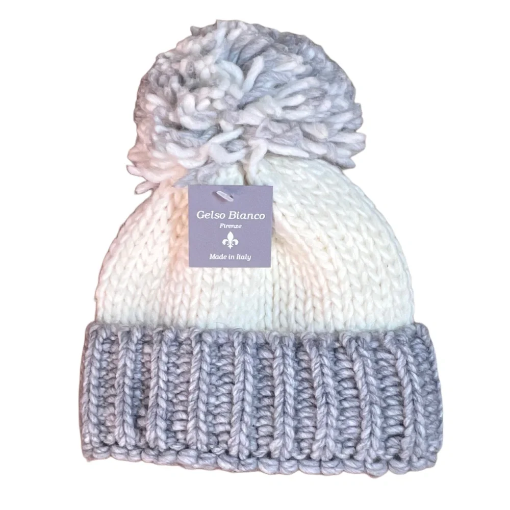 Gelso Bianco Women's Gray and White Alpaca Wool Winter Knit Pom Pom Hat NWT